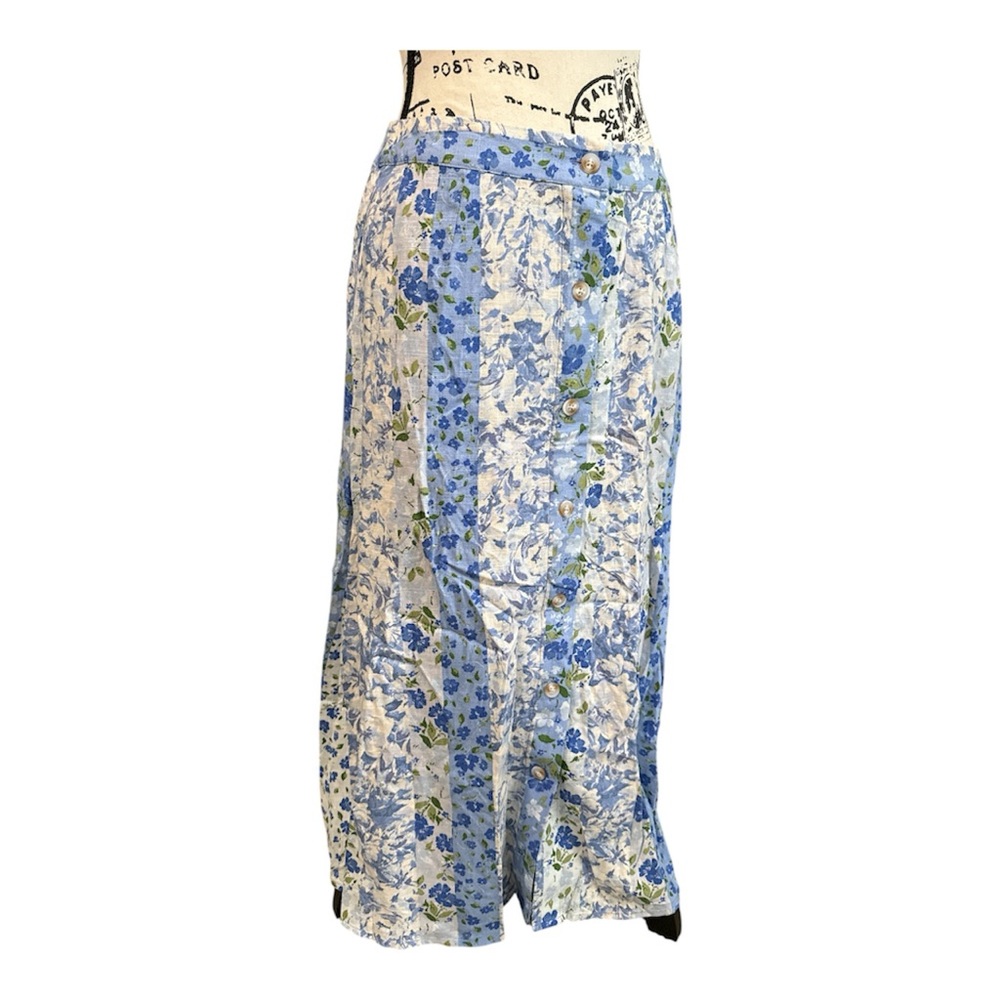 Blue & White A Line Garden Floral Button-Front Lined Midi Skirt Size M - Picture 1 of 9